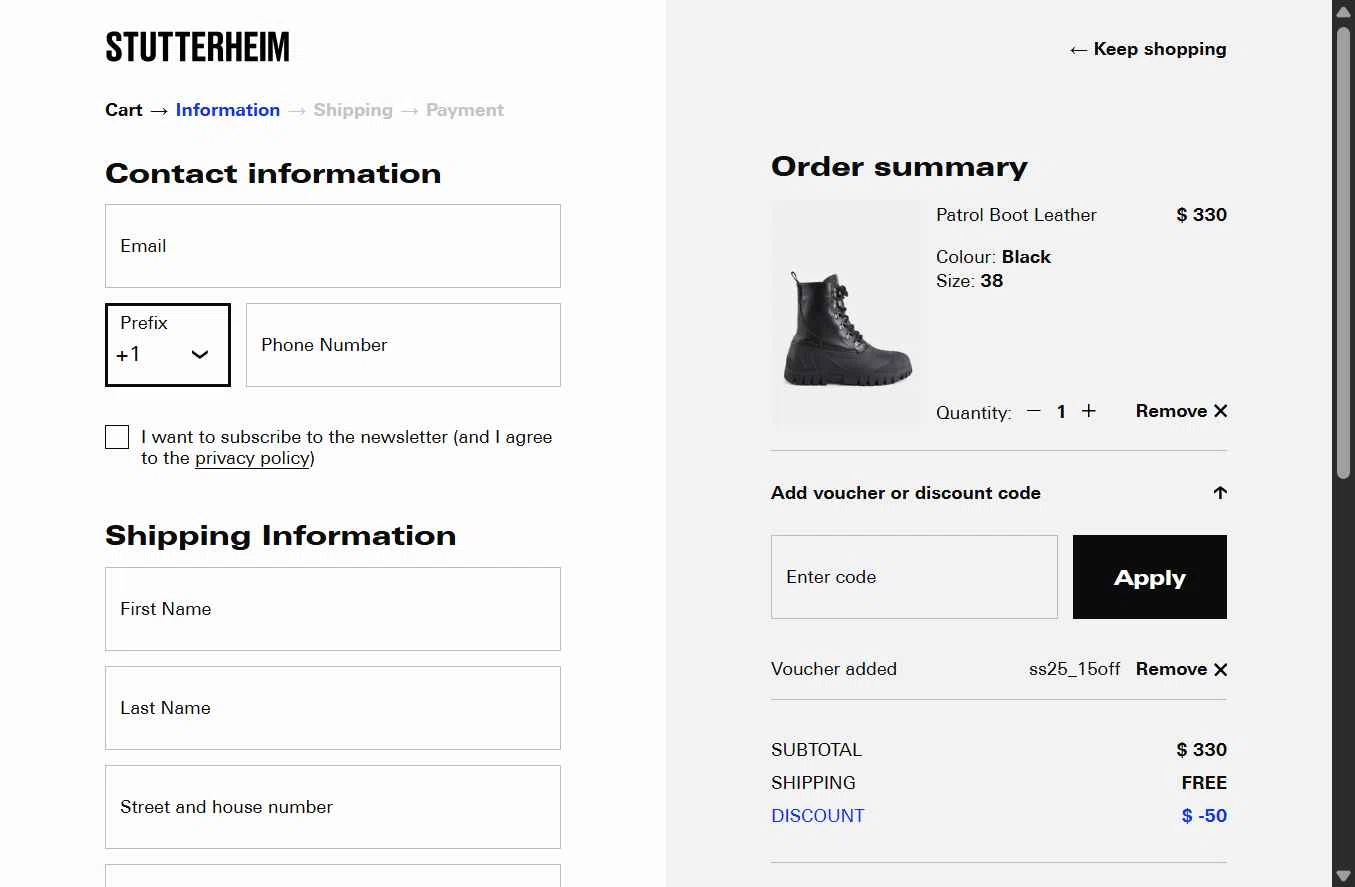 STUTTERHEIM checkout page showing STUTTERHEIM discount code box | Screenshot taken by SimplyCodes community member on Nov 5, 2025