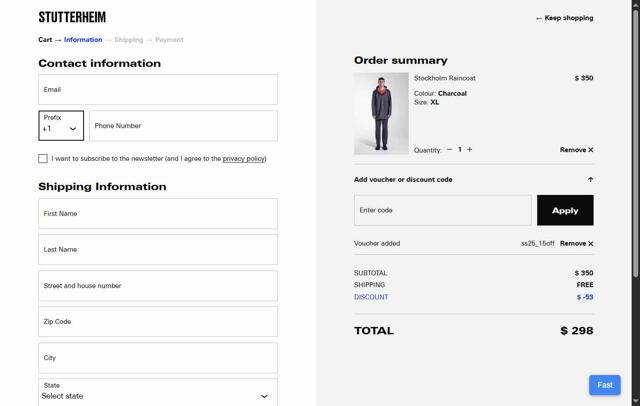 STUTTERHEIM checkout page showing STUTTERHEIM discount code box | Screenshot taken by SimplyCodes community member on Jul 8, 2025