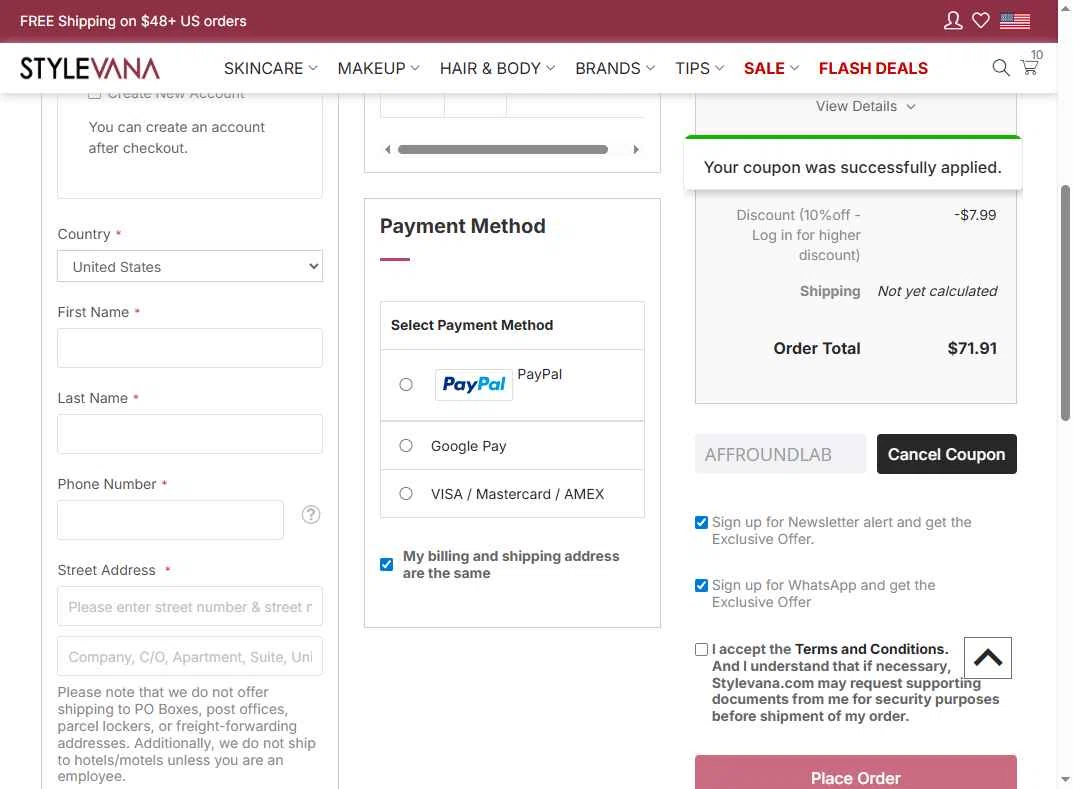 Stylevana checkout page showing Stylevana coupon code box | Screenshot taken by SimplyCodes community member on Feb 8, 2026