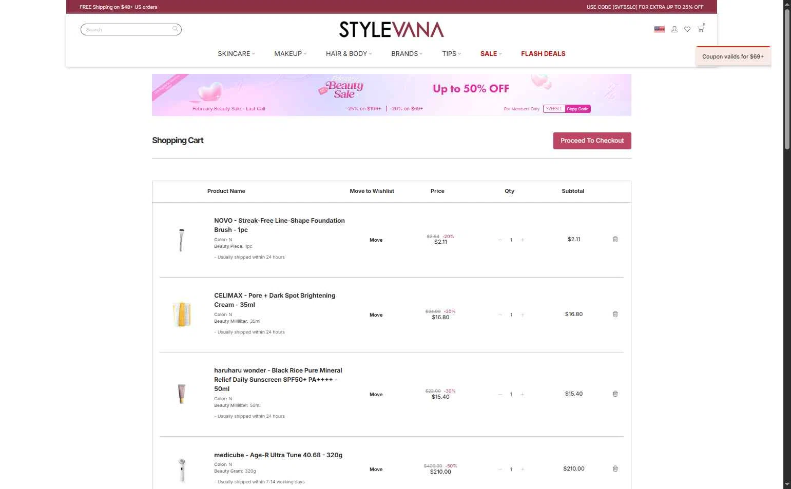 Stylevana checkout page showing Stylevana coupon code box | Screenshot taken by SimplyCodes community member on Feb 25, 2026