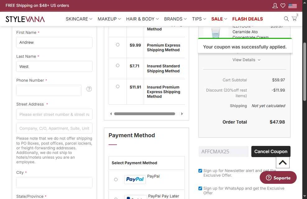Stylevana checkout page showing Stylevana coupon code box | Screenshot taken by SimplyCodes community member on Feb 24, 2026