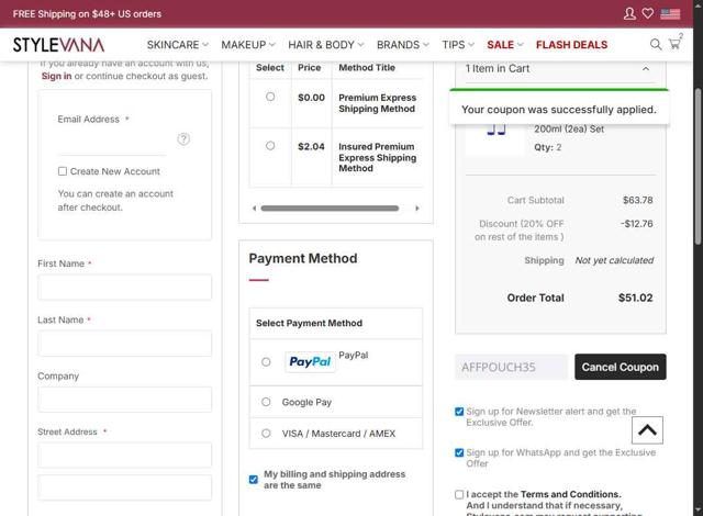 Stylevana checkout page showing Stylevana coupon code box | Screenshot taken by SimplyCodes community member on Sep 3, 2025