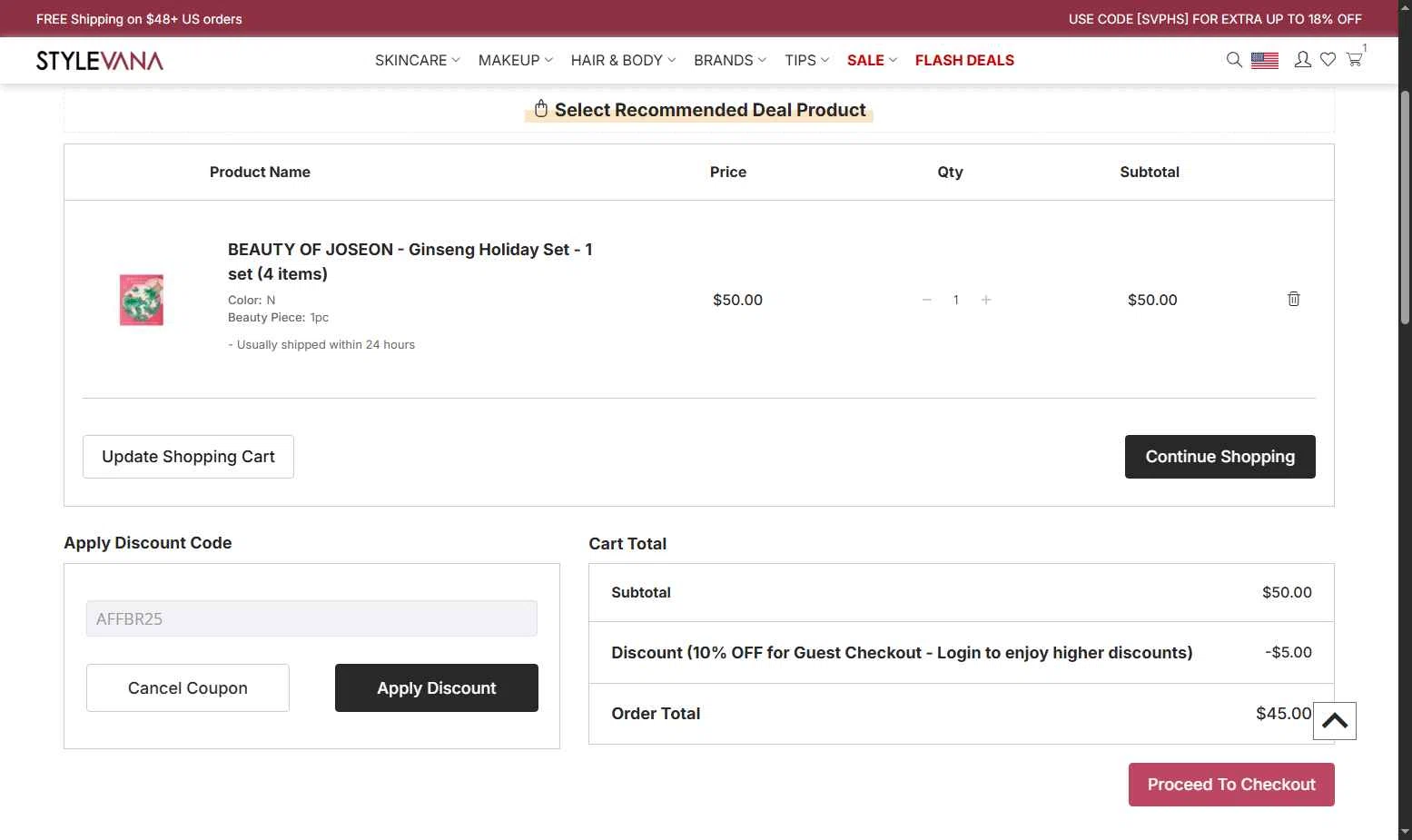 Stylevana checkout page showing Stylevana coupon code box | Screenshot taken by SimplyCodes community member on Dec 11, 2025