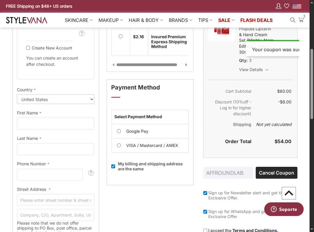 Stylevana checkout page showing Stylevana coupon code box | Screenshot taken by SimplyCodes community member on Dec 15, 2025