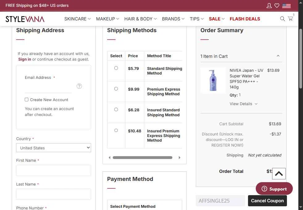 Stylevana checkout page showing Stylevana coupon code box | Screenshot taken by SimplyCodes community member on Feb 2, 2026