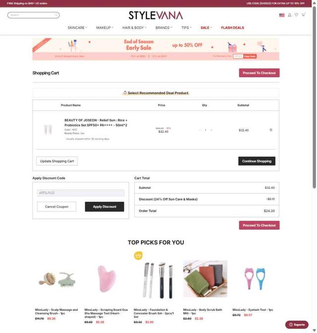 Stylevana checkout page showing Stylevana coupon code box | Screenshot taken by SimplyCodes community member on Sep 4, 2025
