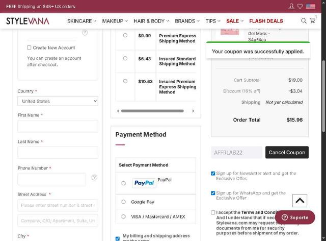 Stylevana checkout page showing Stylevana coupon code box | Screenshot taken by SimplyCodes community member on Sep 14, 2025