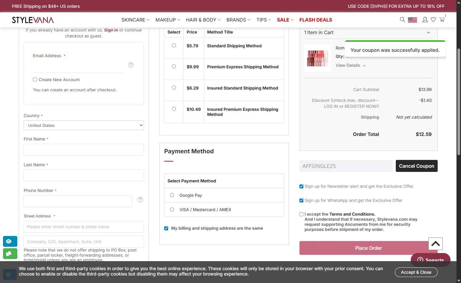 Stylevana checkout page showing Stylevana coupon code box | Screenshot taken by SimplyCodes community member on Dec 11, 2025