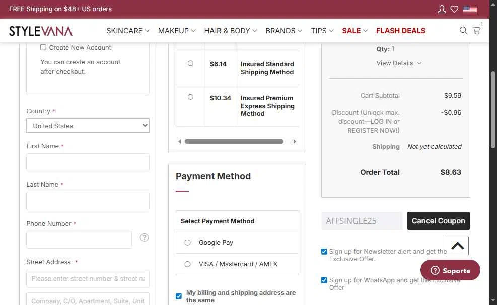 Stylevana checkout page showing Stylevana coupon code box | Screenshot taken by SimplyCodes community member on Jan 13, 2026