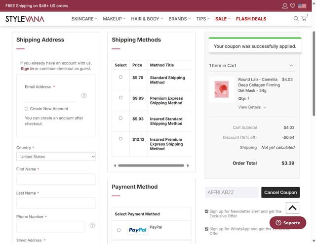 Stylevana checkout page showing Stylevana coupon code box | Screenshot taken by SimplyCodes community member on Oct 6, 2025