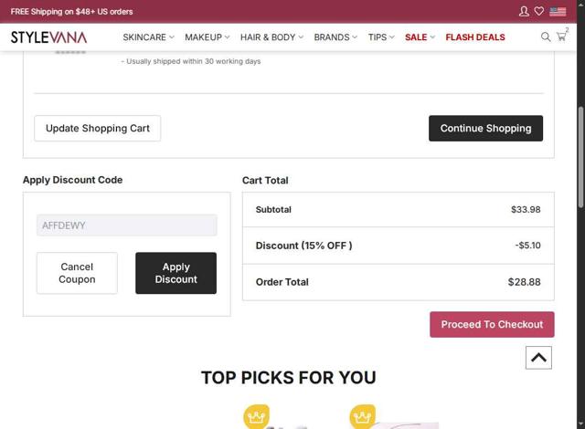 Stylevana checkout page showing Stylevana coupon code box | Screenshot taken by SimplyCodes community member on Oct 2, 2025