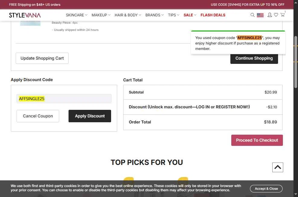 Stylevana checkout page showing Stylevana coupon code box | Screenshot taken by SimplyCodes community member on Dec 22, 2025