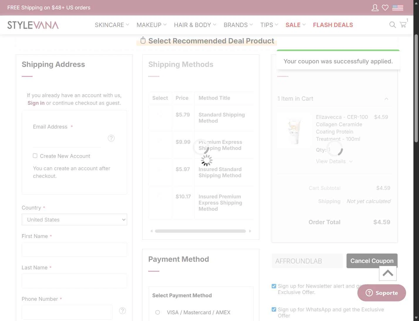 Stylevana checkout page showing Stylevana coupon code box | Screenshot taken by SimplyCodes community member on Jan 17, 2026