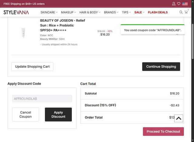 Stylevana checkout page showing Stylevana coupon code box | Screenshot taken by SimplyCodes community member on Oct 1, 2025