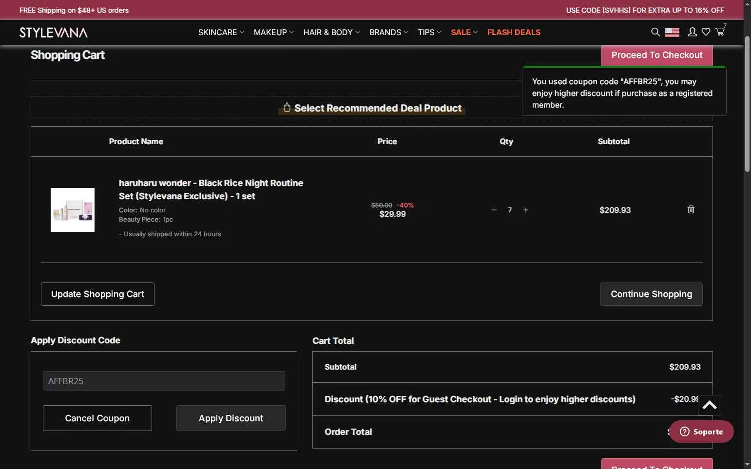 Stylevana checkout page showing Stylevana coupon code box | Screenshot taken by SimplyCodes community member on Dec 22, 2025