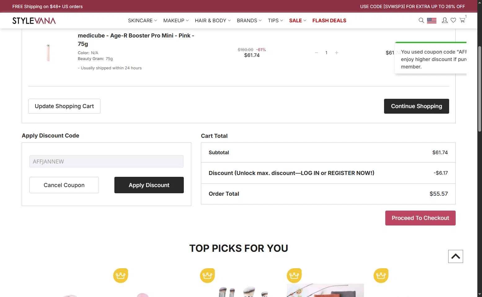 Stylevana checkout page showing Stylevana coupon code box | Screenshot taken by SimplyCodes community member on Jan 23, 2026