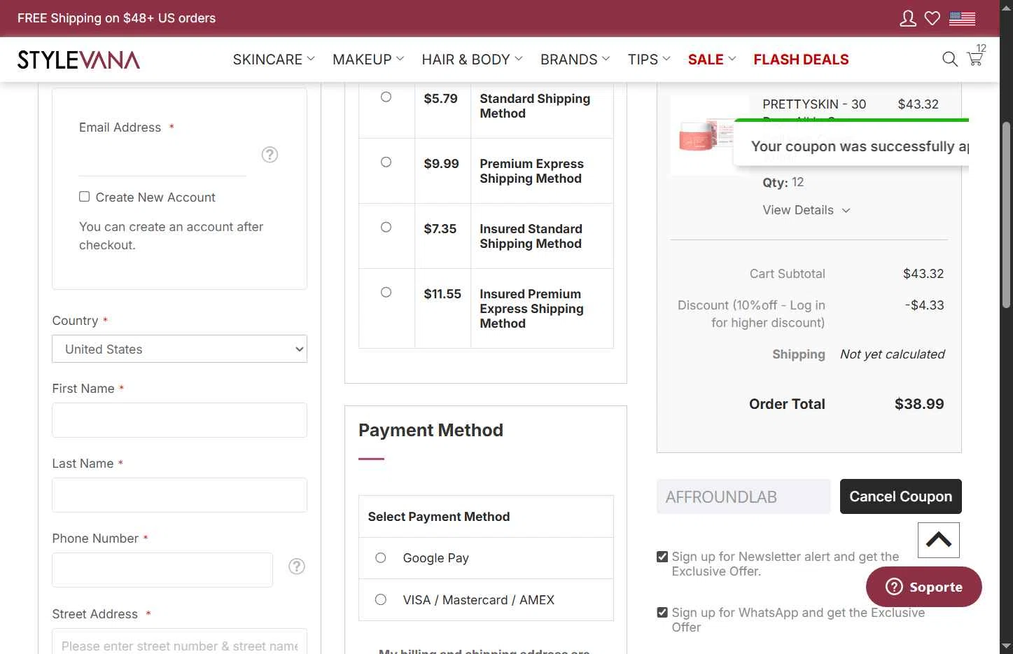 Stylevana checkout page showing Stylevana coupon code box | Screenshot taken by SimplyCodes community member on Dec 26, 2025