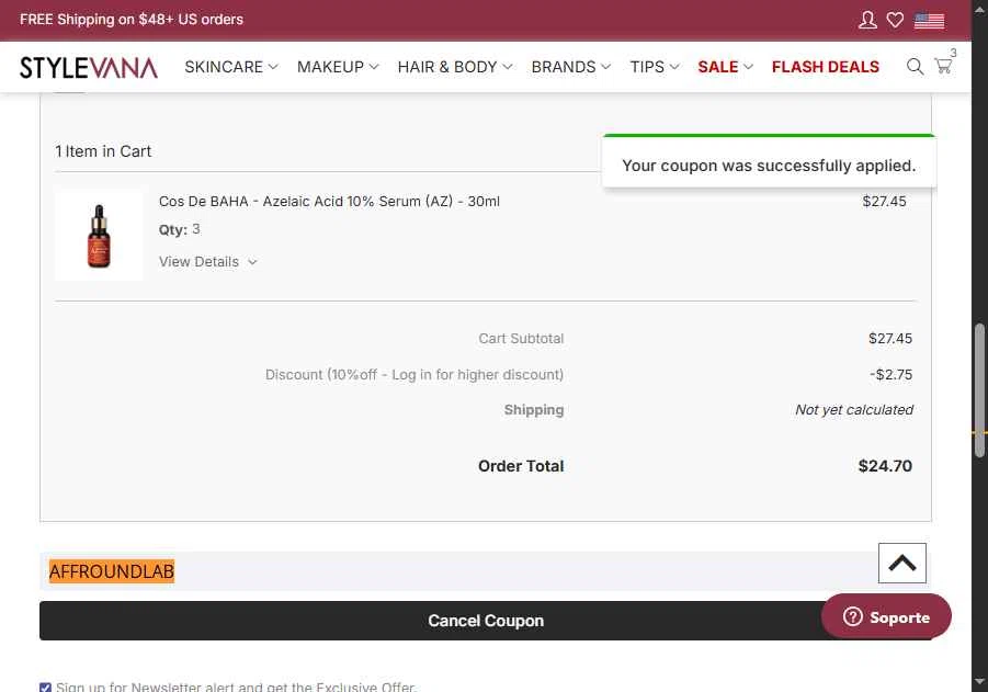 Stylevana checkout page showing Stylevana coupon code box | Screenshot taken by SimplyCodes community member on Feb 19, 2026