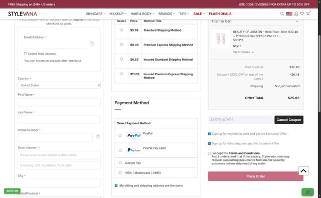 Stylevana checkout page showing Stylevana coupon code box | Screenshot taken by SimplyCodes community member on Sep 10, 2025