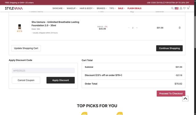 Stylevana checkout page showing Stylevana coupon code box | Screenshot taken by SimplyCodes community member on Sep 26, 2025
