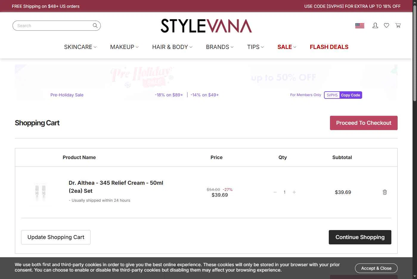 Stylevana checkout page showing Stylevana coupon code box | Screenshot taken by SimplyCodes community member on Dec 15, 2025