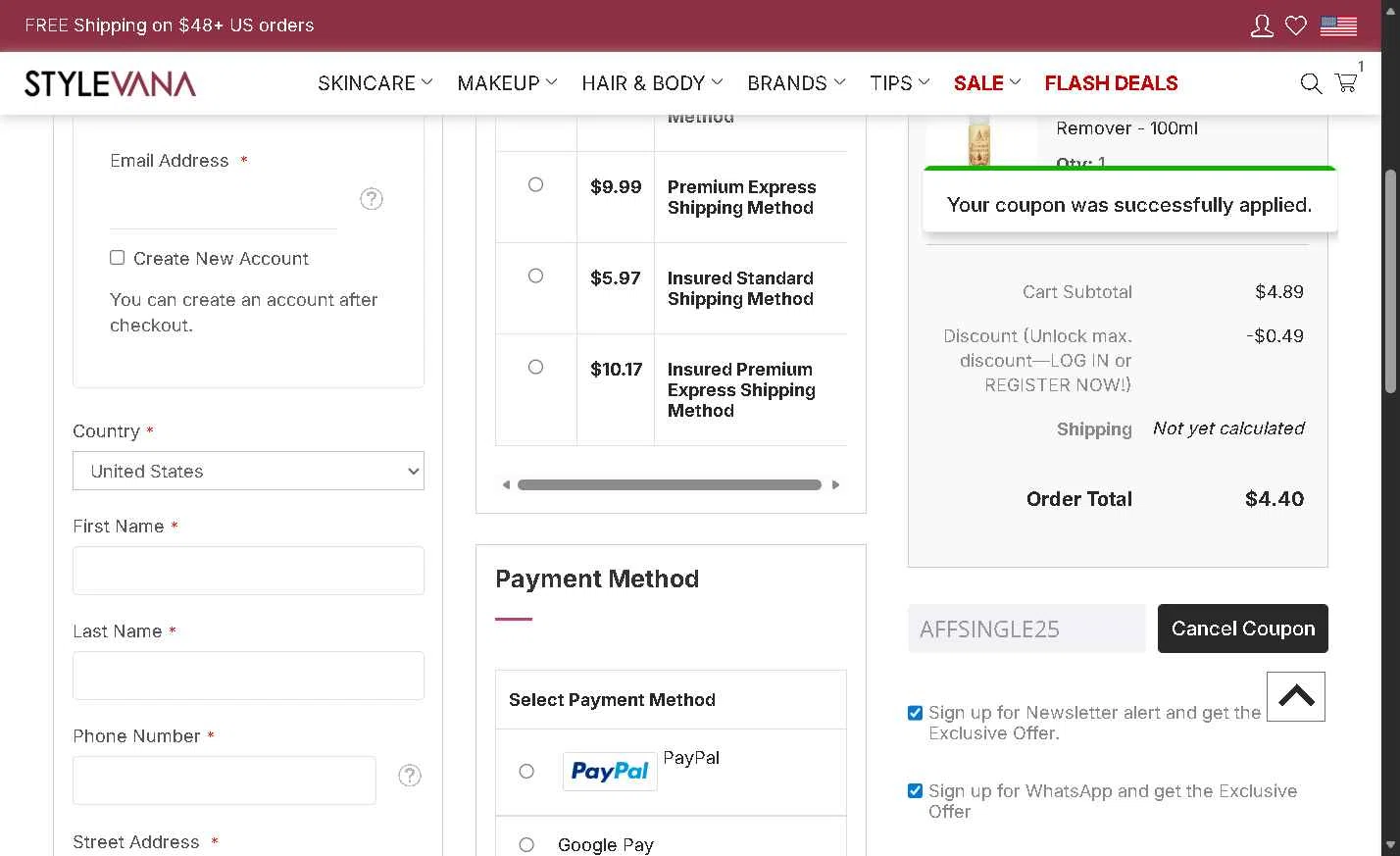 Stylevana checkout page showing Stylevana coupon code box | Screenshot taken by SimplyCodes community member on Feb 24, 2026