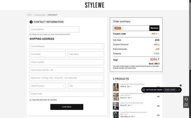 StyleWe checkout page showing StyleWe coupon code box | Screenshot taken by SimplyCodes community member on Aug 28, 2025