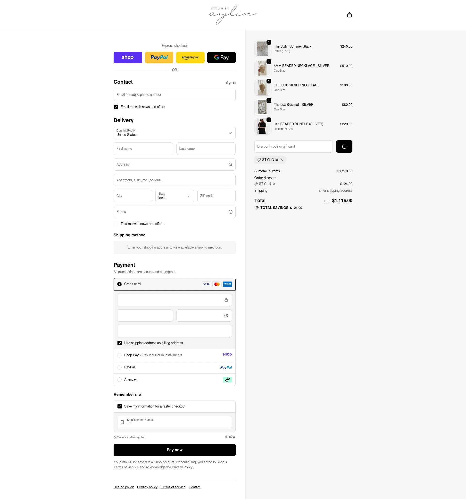 Stylin by Aylin checkout page showing Stylin by Aylin promo code box | Screenshot taken by SimplyCodes community member on Dec 24, 2025