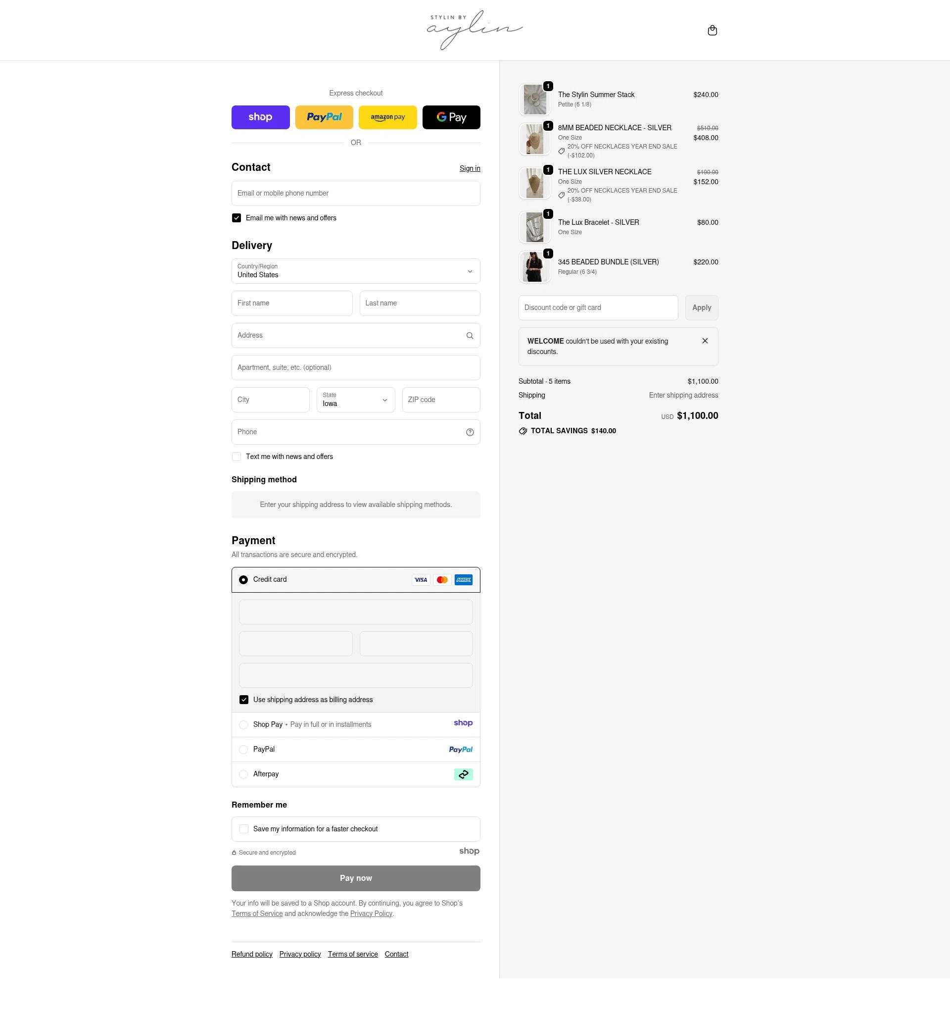Stylin by Aylin checkout page showing Stylin by Aylin promo code box | Screenshot taken by SimplyCodes community member on Dec 29, 2025