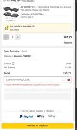 Carparts JC Whitney coupon verification screenshot