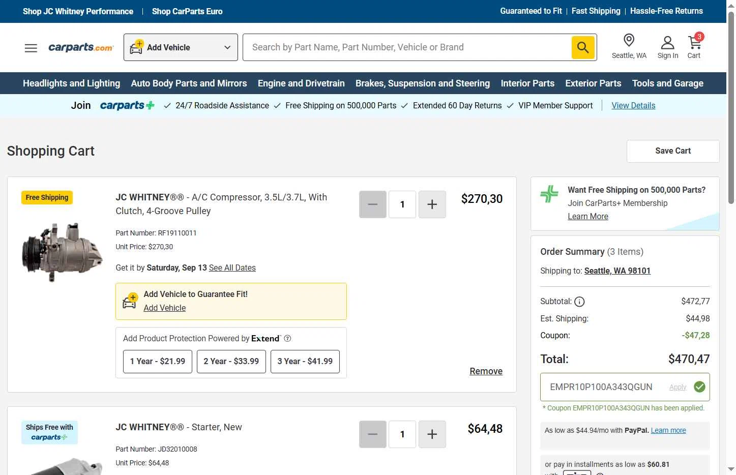 Carparts JC Whitney checkout page showing Carparts JC Whitney promo code box | Screenshot taken by SimplyCodes community member on Sep 8, 2025