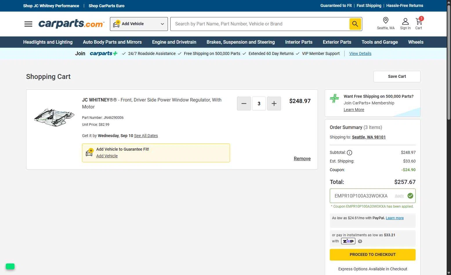 Carparts JC Whitney checkout page showing Carparts JC Whitney promo code box | Screenshot taken by SimplyCodes community member on Sep 5, 2025