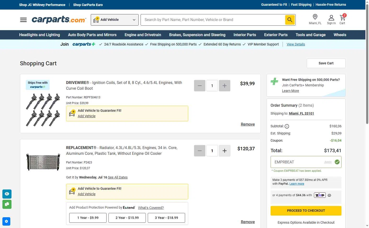 Carparts JC Whitney checkout page showing Carparts JC Whitney promo code box | Screenshot taken by SimplyCodes community member on Jul 14, 2025