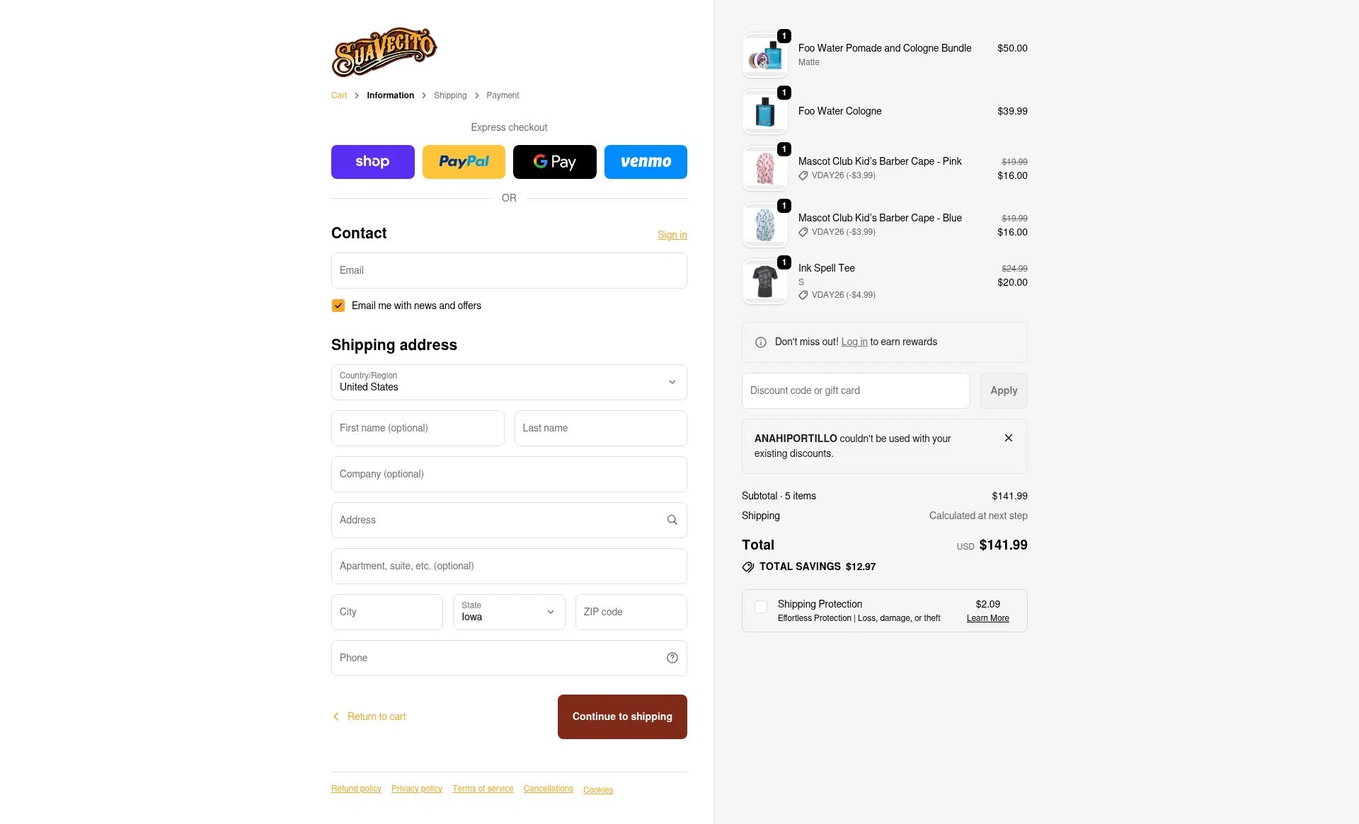 Suavecito checkout page showing Suavecito discount code box | Screenshot taken by SimplyCodes community member on Feb 15, 2026