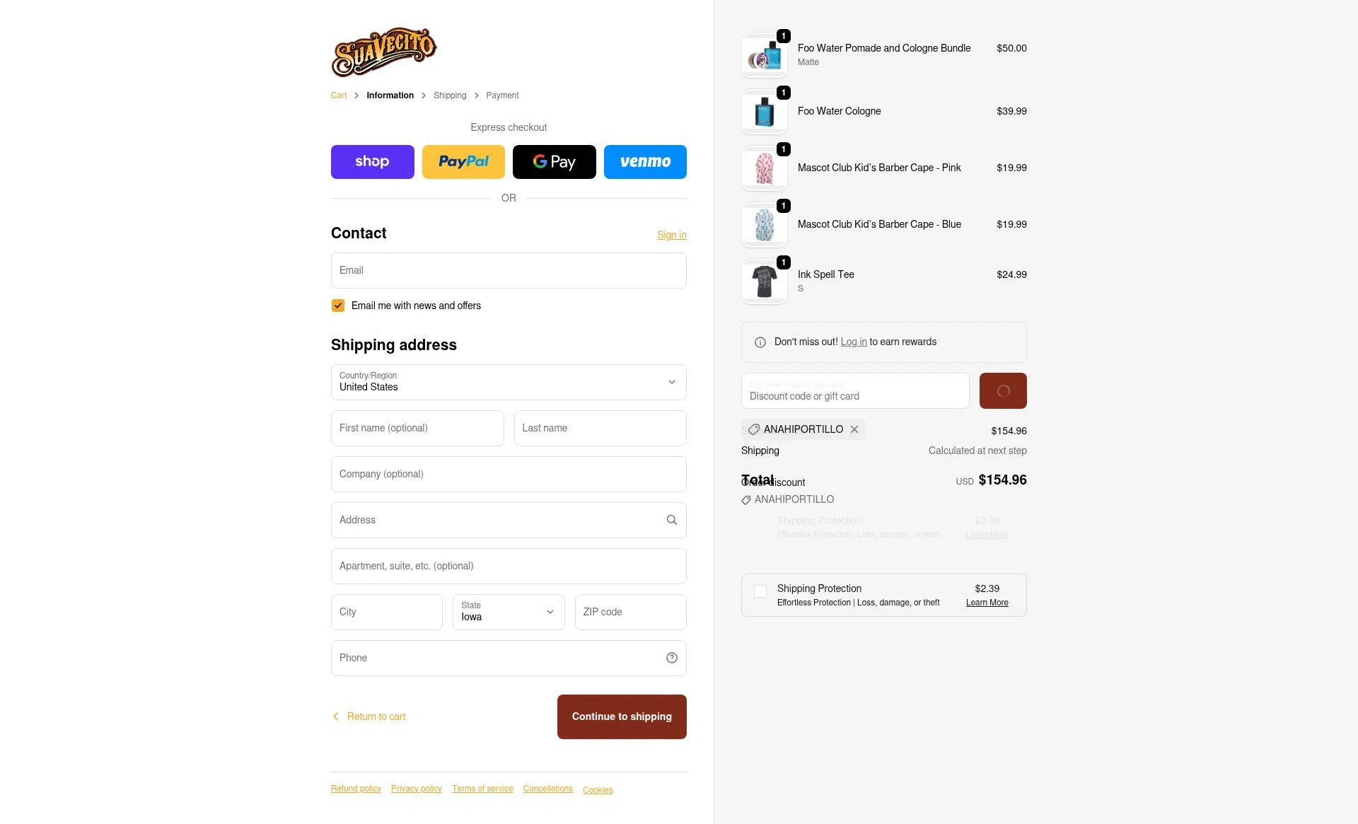 Suavecito checkout page showing Suavecito discount code box | Screenshot taken by SimplyCodes community member on Feb 19, 2026