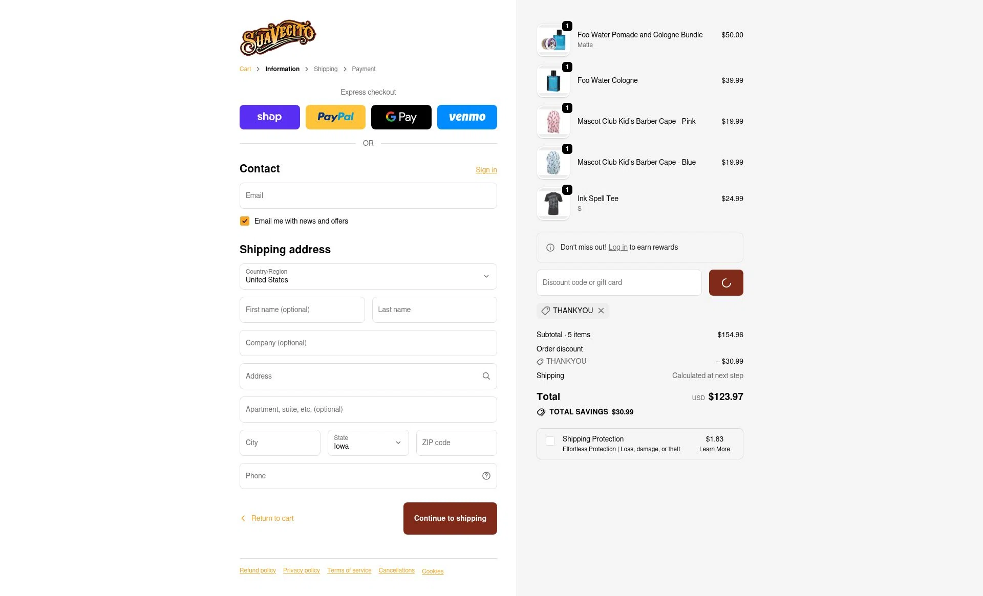 Suavecito checkout page showing Suavecito discount code box | Screenshot taken by SimplyCodes community member on Feb 19, 2026