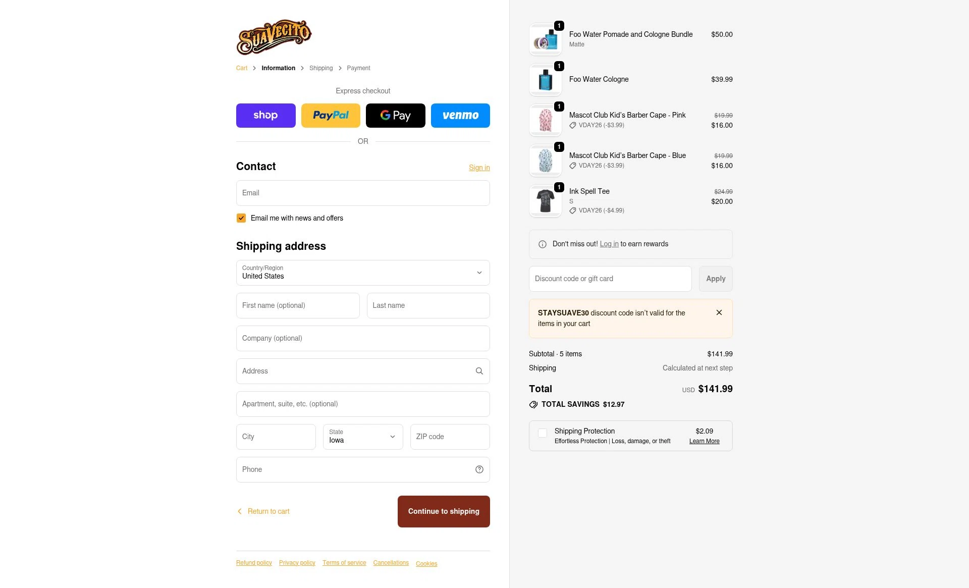 Suavecito checkout page showing Suavecito discount code box | Screenshot taken by SimplyCodes community member on Feb 15, 2026
