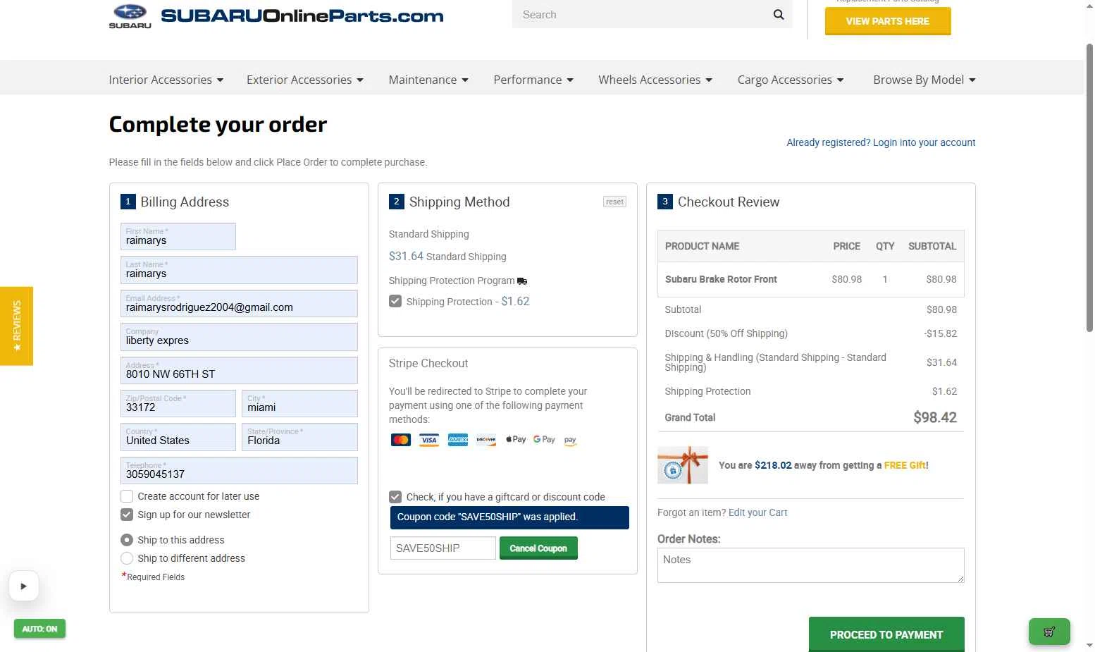 Subaru Online Parts checkout page showing Subaru Online Parts discount code box | Screenshot taken by SimplyCodes community member on Jan 17, 2026