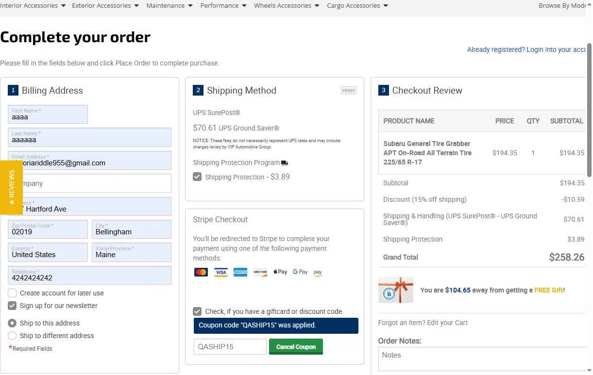 Subaru Online Parts checkout page showing Subaru Online Parts discount code box | Screenshot taken by SimplyCodes community member on Dec 24, 2025