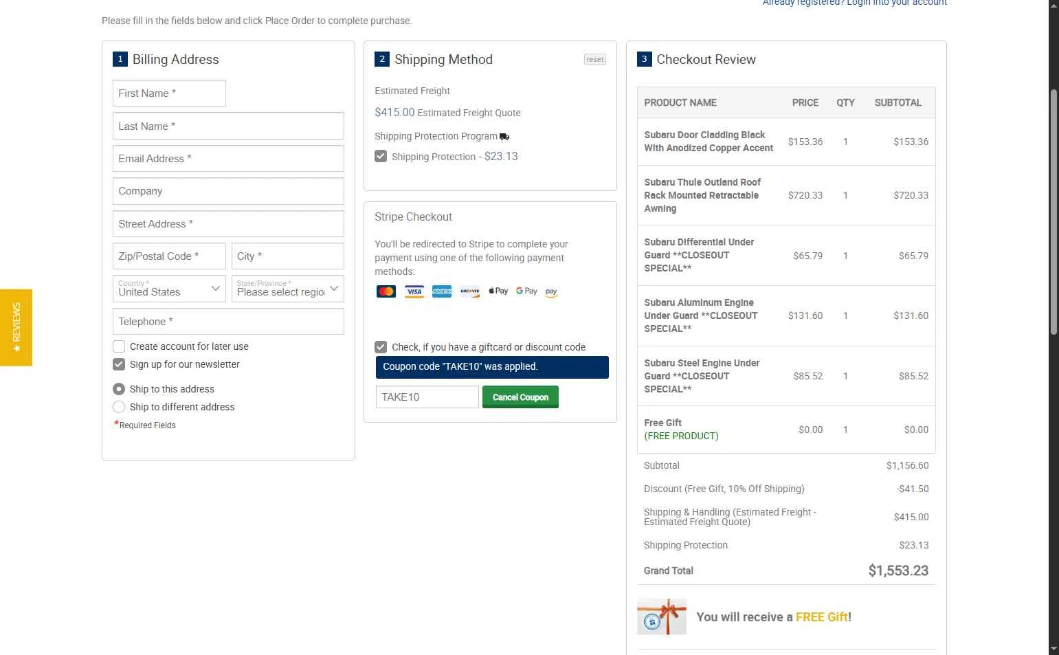 Subaru Online Parts checkout page showing Subaru Online Parts discount code box | Screenshot taken by SimplyCodes community member on Jan 23, 2026