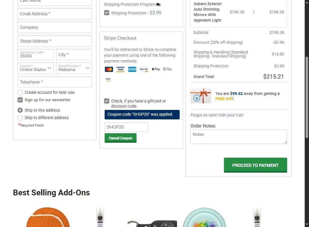 Subaru Online Parts checkout page showing Subaru Online Parts discount code box | Screenshot taken by SimplyCodes community member on Dec 16, 2025