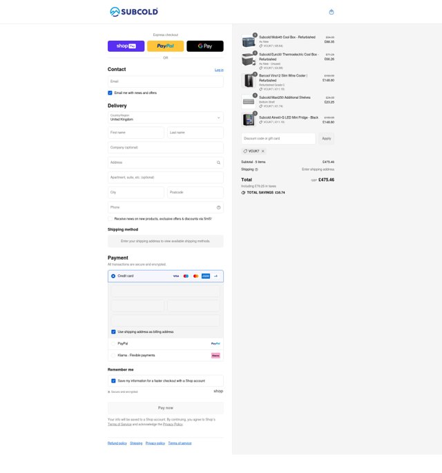 Subcold checkout page showing Subcold discount code box | Screenshot taken by SimplyCodes community member on Aug 26, 2025