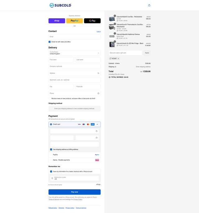 Subcold checkout page showing Subcold discount code box | Screenshot taken by SimplyCodes community member on Sep 4, 2025