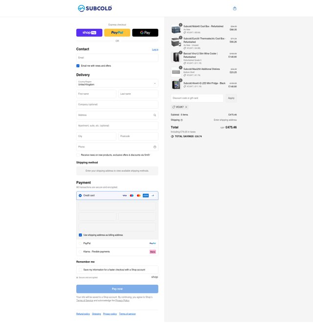 Subcold checkout page showing Subcold discount code box | Screenshot taken by SimplyCodes community member on Aug 22, 2025