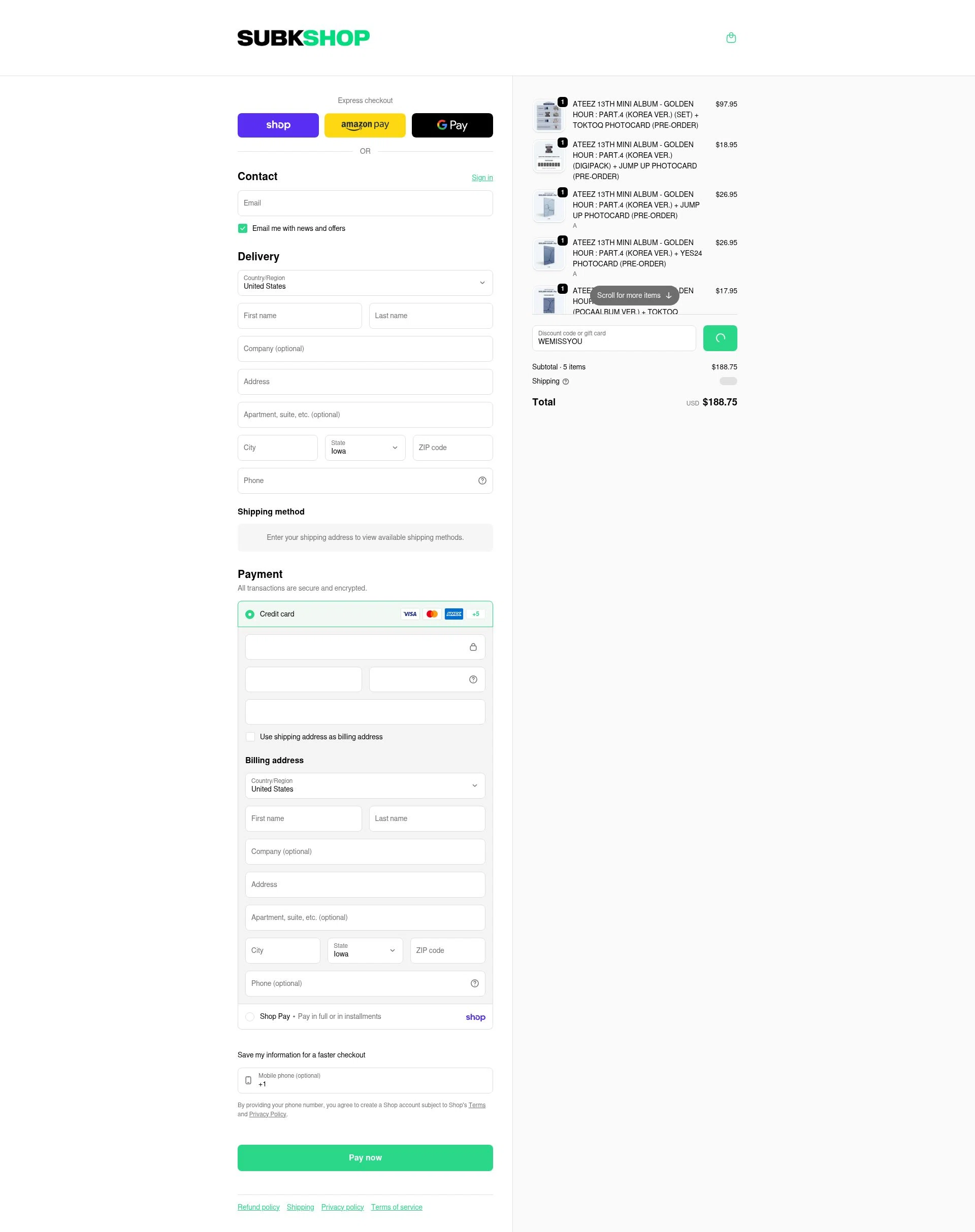 SubK Shop checkout page showing SubK Shop discount code box | Screenshot taken by SimplyCodes community member on Feb 5, 2026