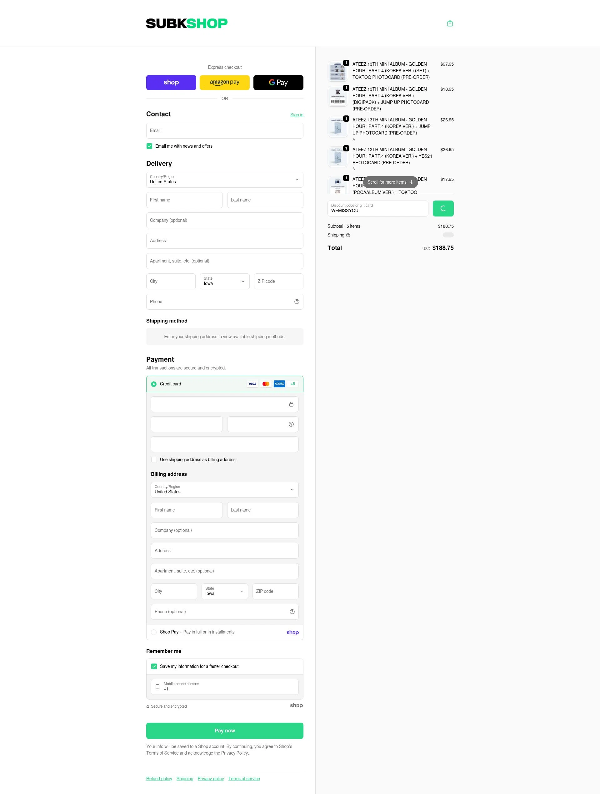 SubK Shop checkout page showing SubK Shop discount code box | Screenshot taken by SimplyCodes community member on Jan 27, 2026