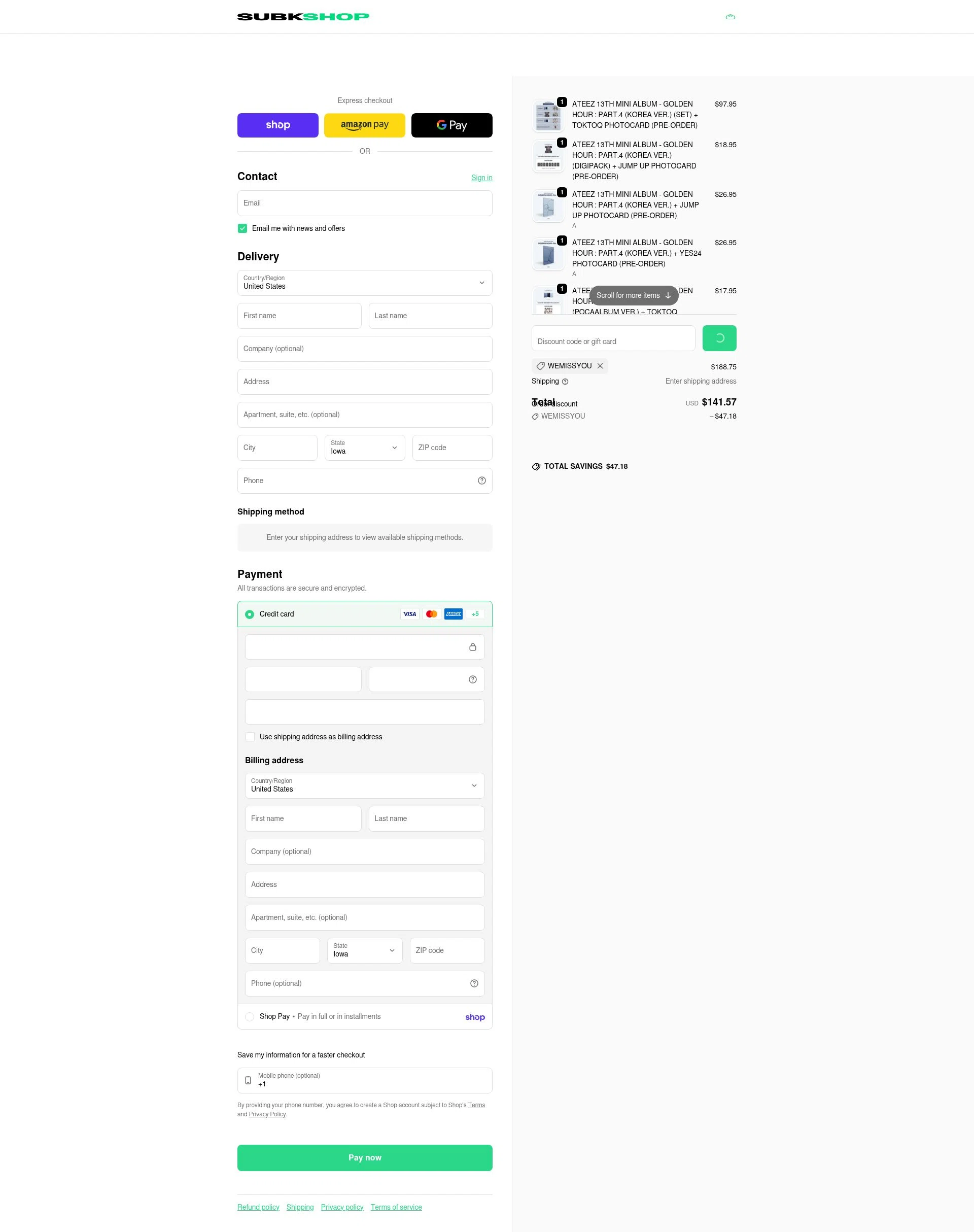 SubK Shop checkout page showing SubK Shop discount code box | Screenshot taken by SimplyCodes community member on Feb 1, 2026