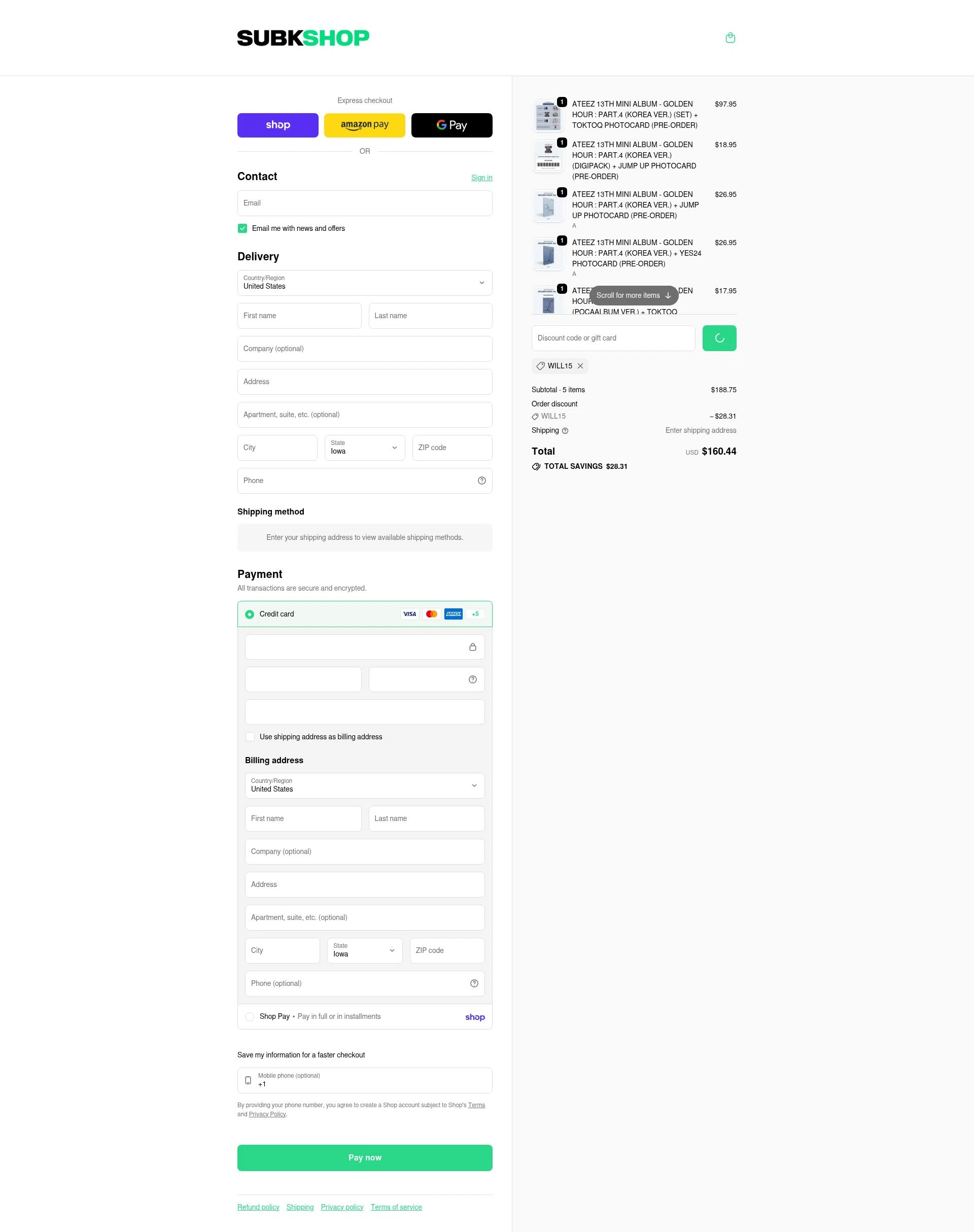 SubK Shop checkout page showing SubK Shop discount code box | Screenshot taken by SimplyCodes community member on Feb 5, 2026