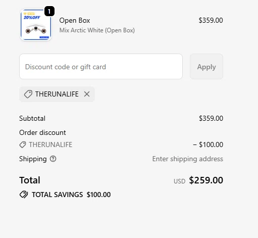Sublue Official Store promo code screenshot showing code THERUNALIFE applied at Sublue Official Store checkout page. Uploaded by SimplyCodes community member PrimeRanger8265 on Jan 9, 2026