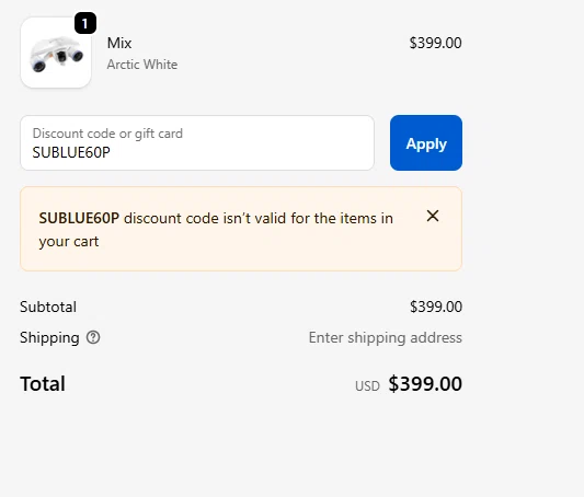 Sublue Official Store promo code screenshot showing code SUBLUE60P applied at Sublue Official Store checkout page. Uploaded by SimplyCodes community member PrimeBoss5300 on Dec 27, 2025